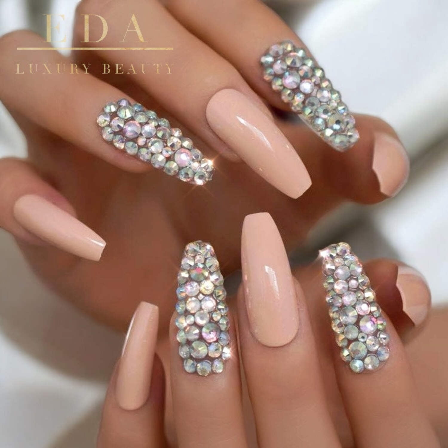 Nude Pink 3D Crystal Press On Nails, Extra Long Ballerina Rhinestones Fake Nails Set, Sugar Spice