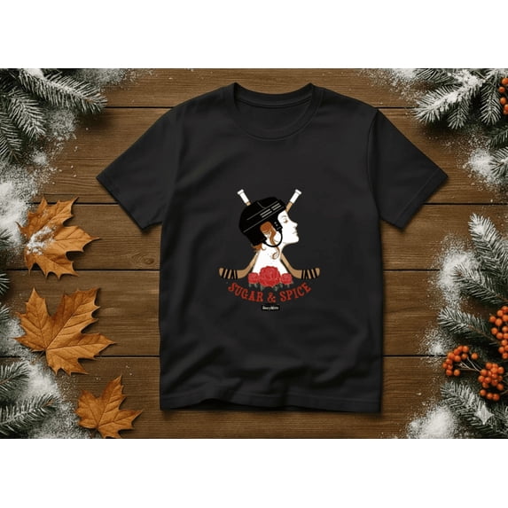 Sugar Spice Women’s Hockey Fun Winter Sporty Holiday Graphic Unisex T-Shirt, up to size 5XL
