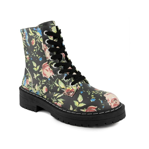 Sugar Womens Kaedy Faux Leather Lugged Sole Combat & Lace-up Boots