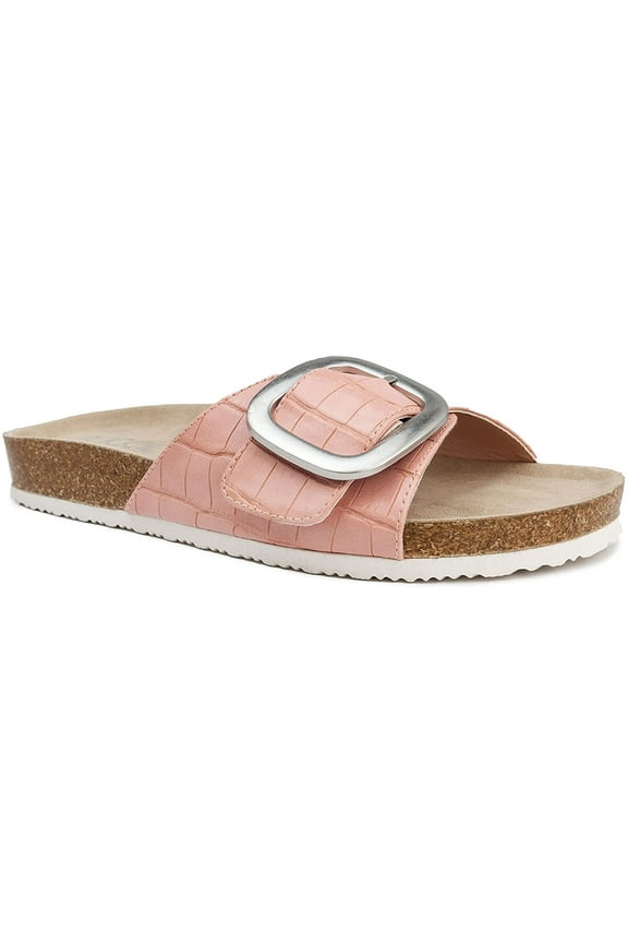 Womens Slide Sandals - Slip-on Flat Sandals for Women - Open Toe Slipper Sandal with Wide Buckled Vamp Strap Zerri Pink Ccodile 6