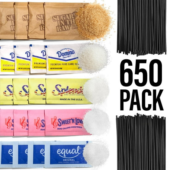 Sugar and Sweetener Assortment Packets, Sugar Packets (650 Pack) with Coffee Stirrers, Individual Sugar Packets for Coffee