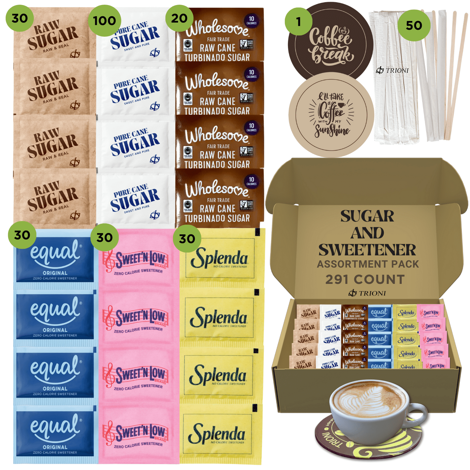 Sugar and Sweetener Packets Assortment - 291ct - Splenda, Equal, Sweet n Low, Sugar in the Raw Organic, Brown, and Cane Sugar