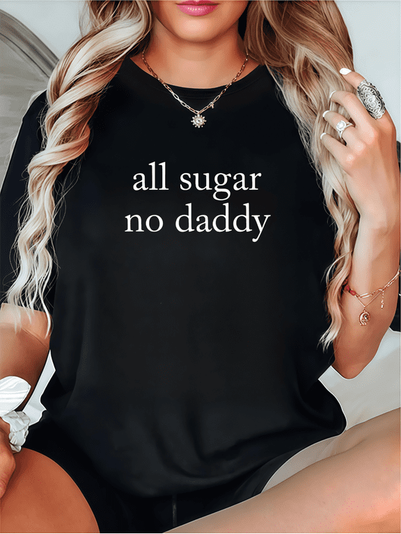 "Sugar" letter graphic text printed Tee T-shirt top Casual cotton Commuting breathable black S-5XL