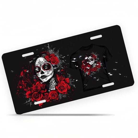 Sugar skull Rose Graphic Funny Personalized License Plate Rust-proof Stainless Steel Metal License Plate Suitable For Men And Women 12.2" x 6.2"