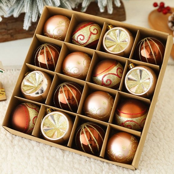 SugarBloom 16 Christmas Balls Ornaments Set with Rattan Pendants - Small Christmas Ball Decor for Tree, Home, and Holiday Gift Box,D