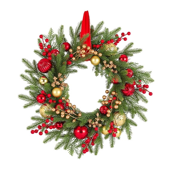 SugarBloom 17.71in 3D Christmas Wreath for Front Door, Winter Rattan Wreath with Pine Cones, Golden Bells, and Bowknot, Artificial Holiday Wreath for Home Door and Wall Hanging,A