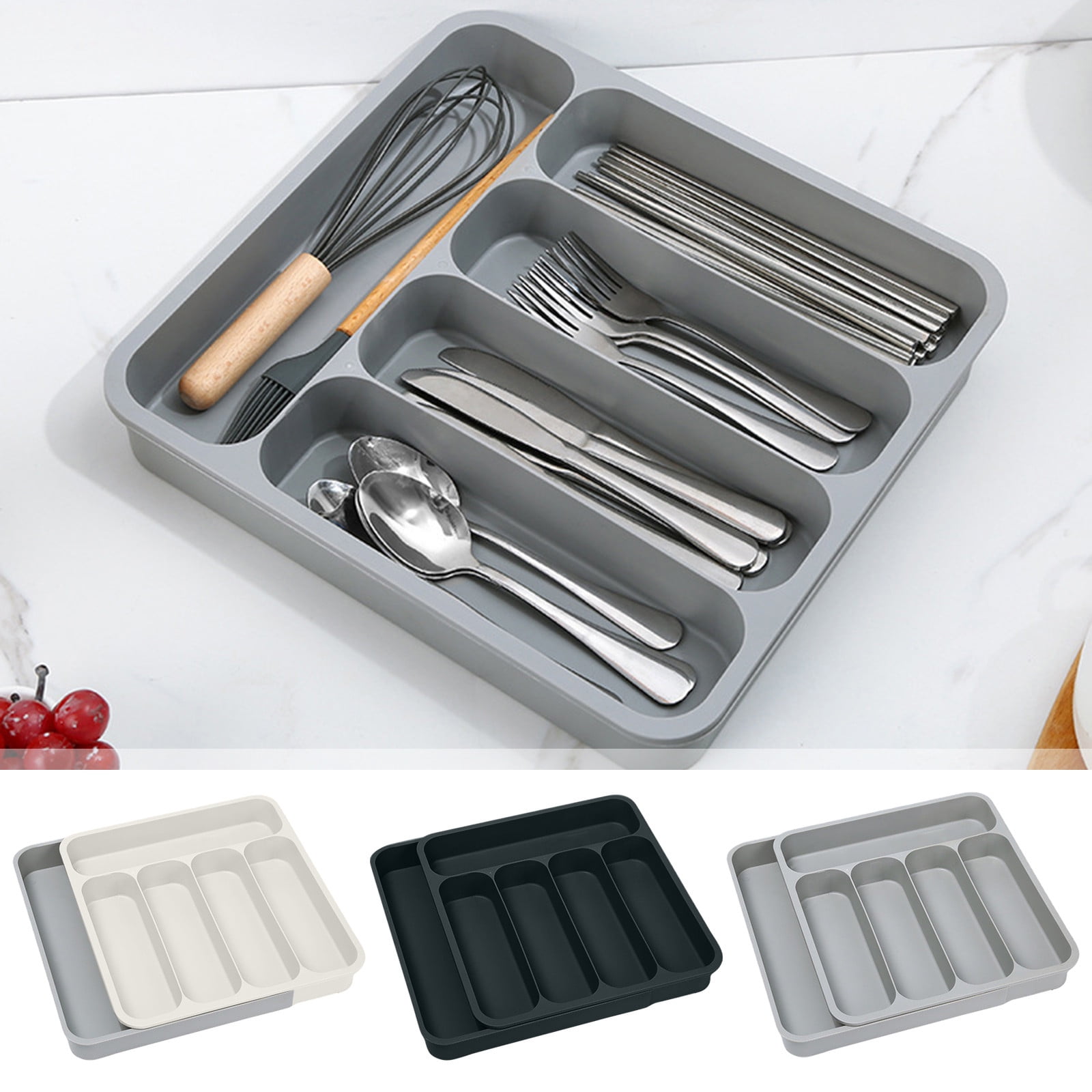 SugarBloom 5-Compartment Kitchen Drawer Organizer, Expandable Utensil Tray for Knives, Forks, Spoons, and Chopsticks,Gray