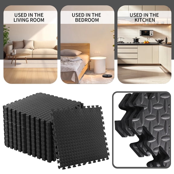 SugarBloom 8-Piece Black Foam Floor Mat, 11.8x11.8 inch Each Splicing Climbing Mat, Non-Slip Protective Floor Tiles for Kids Playroom Gym,black
