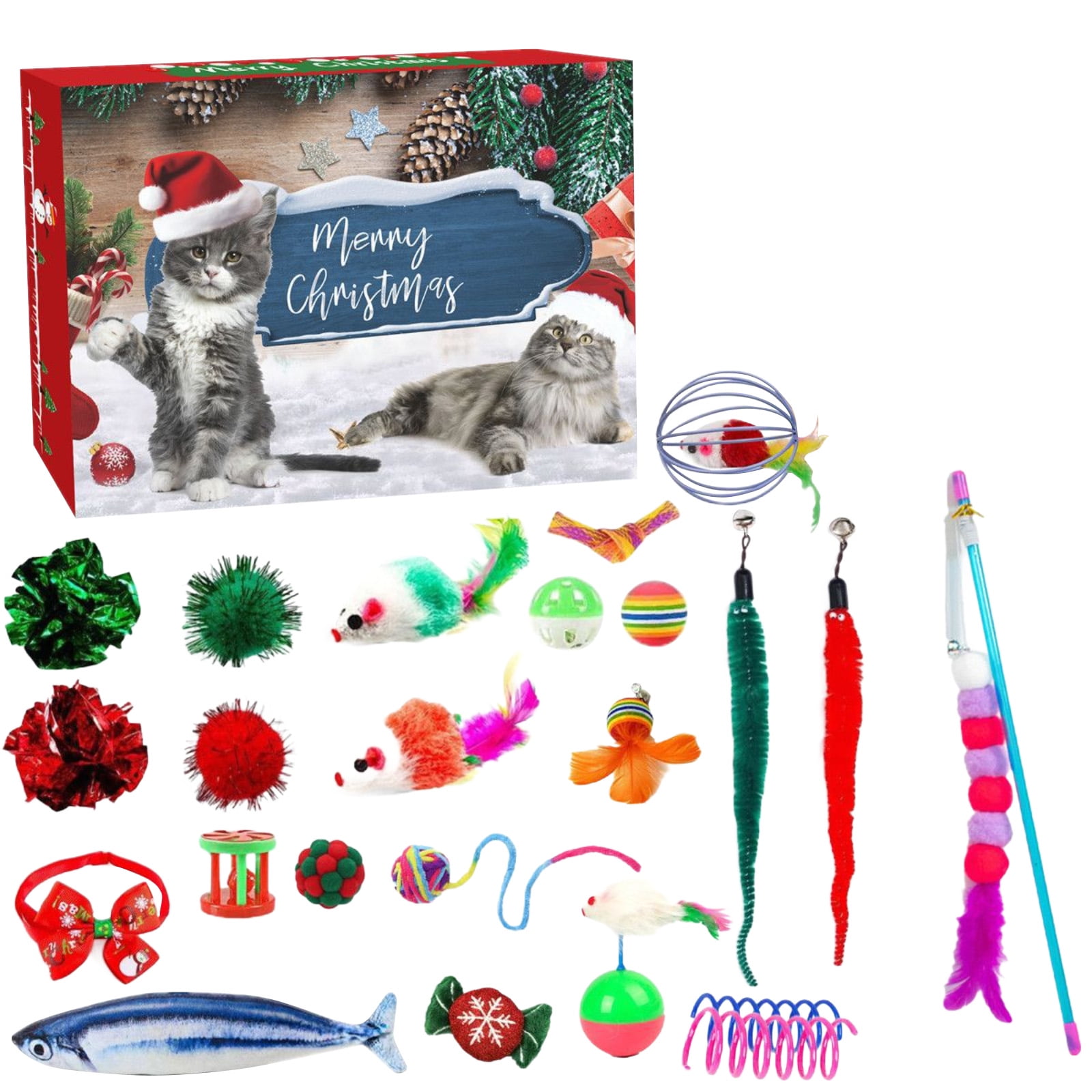 SugarBloom Christmas Pet Toy Advent Calendar, 24-Day Countdown Blind Box with Cat Teaser Wand, Tunnel Toys & Bell, Interactive Holiday Gift for Cats, Christmas Cat Toy Set,