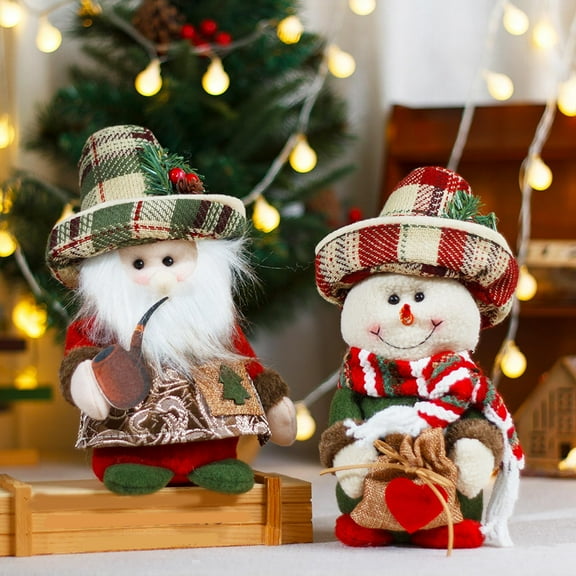 SugarBloom Christmas Standing Vintage Fabric Snowman Dolls Decorations, Retro Checkered Hat Santa and Snowman Plush Figurines for Home Table and Shelf Holiday Accents,Senior Style