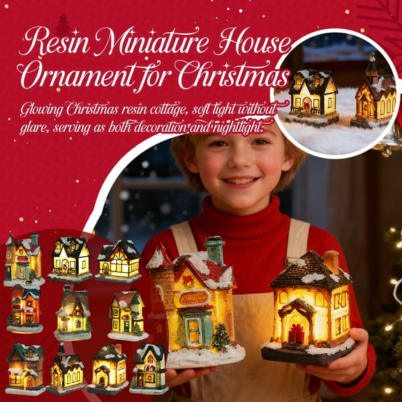 SugarBloom Christmas Village LED Lighted Houses Collection - Glowing European Style Village Buildings for Indoor Room, Desk, and Holiday Decor,E