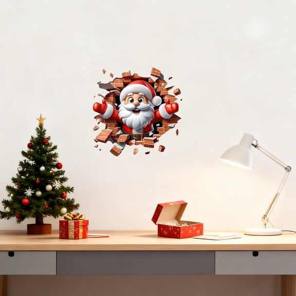 SugarBloom Christmas Wall Decals Creative 3D Visual Effect Broken Wall Cartoon Sticker, Festive Atmosphere Living Room Home Decoration, Removable Holiday Wall Sticker for Bedroom,