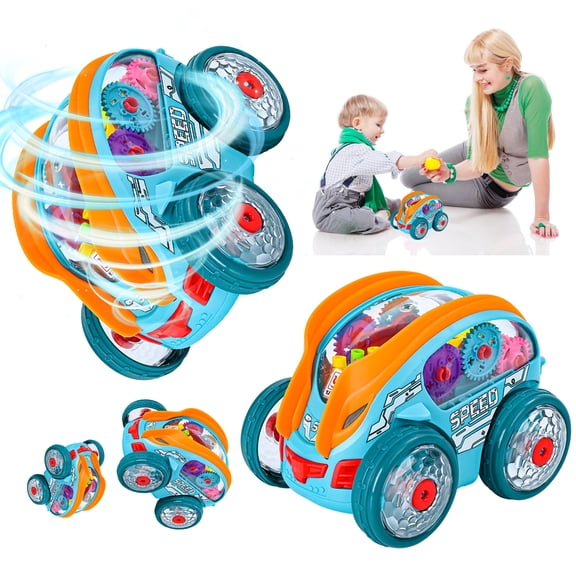 SugarBloom Gear Powered Car with LED Lights, Transparent Luminous Vehicle with Colorful Moving Gears, Interactive Activity Car,
