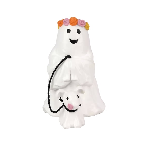 SugarBloom Halloween Decor Indoor/Outdoor - Ghost & Dog with Poppy Crown, 6-Inch Hanging Ornament, Fun Summer Halloween Decorations & Whimsical Party Favors for All
