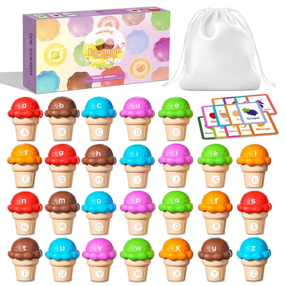 SugarBloom Ice Cream Preschool Learning Activities Counting & Color Sorting Set Stacking Toys, Fine Motor Skills Toy - English Stacking Set