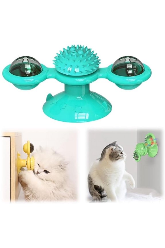 Interactive Windmill Cat Toy with Catnip & LED Light Ball - Fun Exercise Kick Ball Toy for Indoor Cats, Colorful Motion Teaser,Cyan