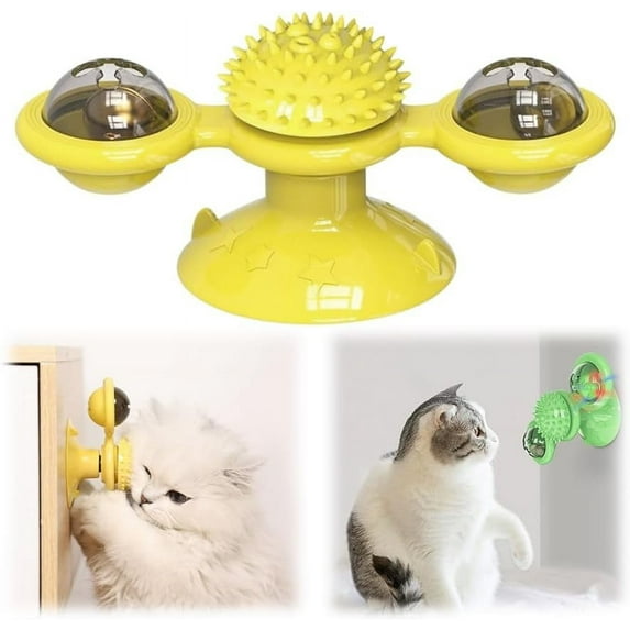 SugarBloom Interactive Windmill Cat Toy with Catnip & LED Light Ball - Fun Exercise Kick Ball Toy for Indoor Cats, Colorful Motion Teaser,Yellow