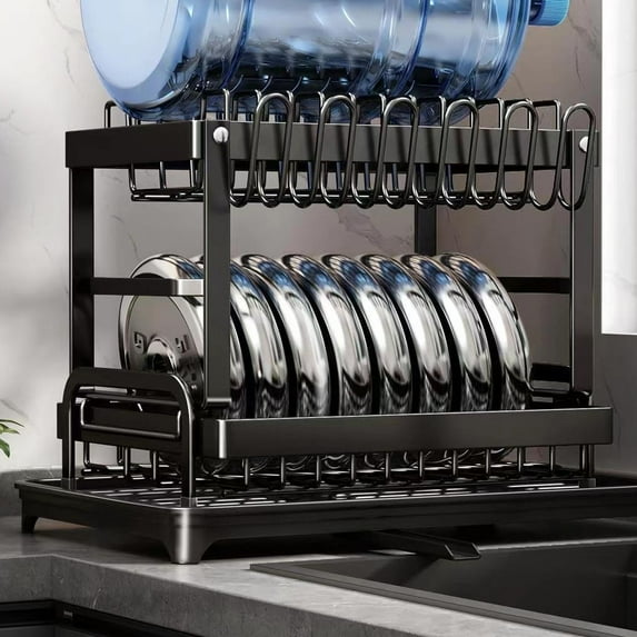 SugarBloom Kitchen Dish Rack with Drain Tray, Countertop & Storage Organizer for Plates, Bowls, Chopsticks & Cups, Stainless Steel Drying Rack for Sink or Counter,A