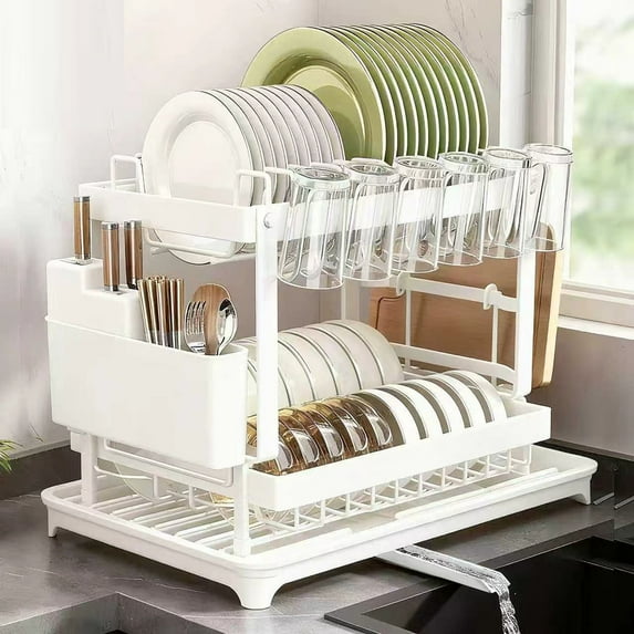 SugarBloom Kitchen Dish Rack with Drain Tray, Countertop & Storage Organizer for Plates, Bowls, Chopsticks & Cups, Stainless Steel Drying Rack for Sink or Counter,B