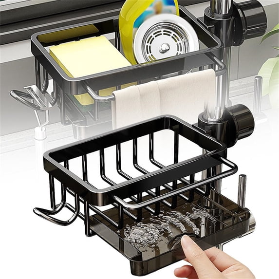 SugarBloom Kitchen Sink Faucet Organizer with Dish Sponge Holder, Over Faucet Sink Caddy Rack for 0.7-1.1 Inch Round Water Pipes, Multifunction Drain Tray Organizer,B