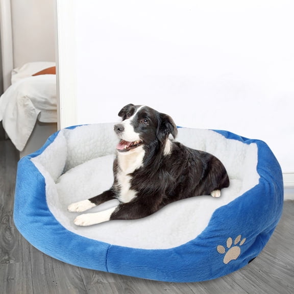 SugarBloom Large Plush Dog Bed with Bolster, Soft Warm Puppy Cushion House, Reversible Kennel Mat and Blanket for Small Medium Dogs Cats, Grey,Blue