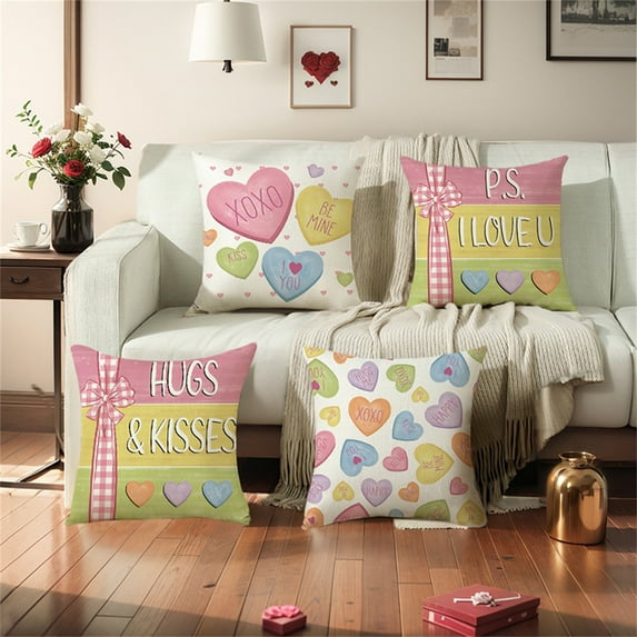 SugarBloom Love Print Linen Pillowcase with Valentine's Day Letters, Pink Romantic Home Decorative Throw Pillow Cover,A