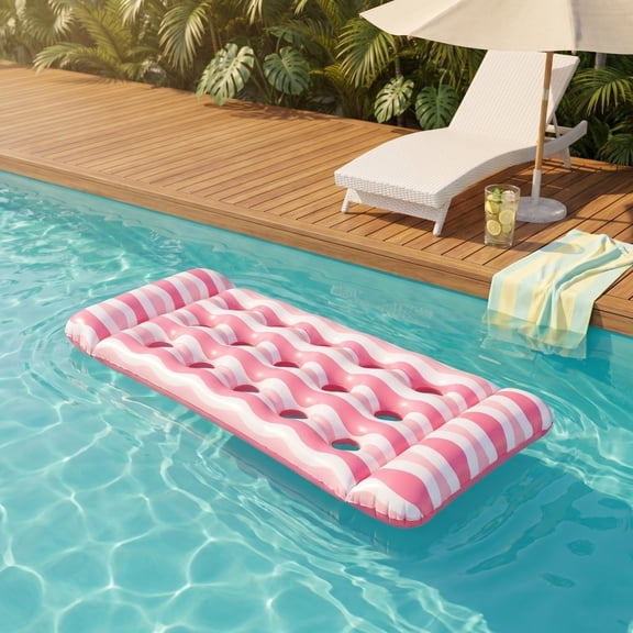 SugarBloom Pool float adult size wave stripe - Inflatable tanning pool raft with hole, perfect for lounging on lake or swimming pool, great summer accessory for sunbathing.,Pink