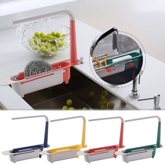 SugarBloom Telescopic Sink Organizer Rack, Adjustable Kitchen Sink Storage Caddy with Sponge Holder, Drainer Shelf for Soap, Sponges, and Cleaning Tools,Blue