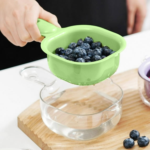 SugarBloom Two-Layer Fruit and Berry Strainer Basket with Handle, Removable Draining Basket for Kitchen, Handheld Colander for Blueberries, Veggies, and Small Fruits,Green