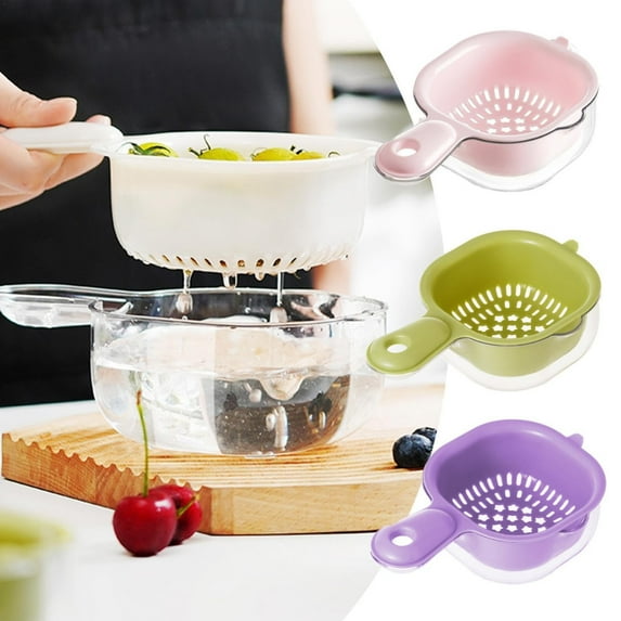 SugarBloom Two-Layer Fruit and Berry Strainer Basket with Handle, Removable Draining Basket for Kitchen, Handheld Colander for Blueberries, Veggies, and Small Fruits,Pink