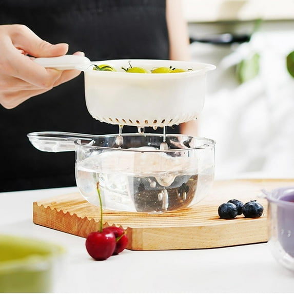 SugarBloom Two-Layer Fruit and Berry Strainer Basket with Handle, Removable Draining Basket for Kitchen, Handheld Colander for Blueberries, Veggies, and Small Fruits,White