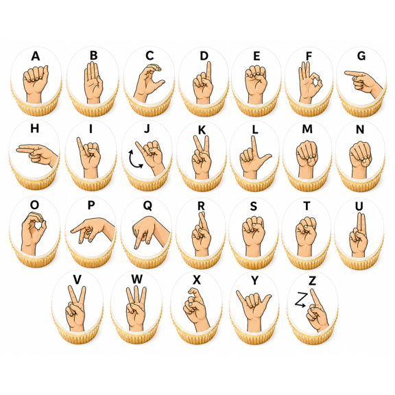 SugarMeLicious ASL Sign Language Alphabet Wafer Paper Cupcake Toppers, Classroom Learning Dessert Decorations, 26 Pack 1.5 Inch Uncut Circles