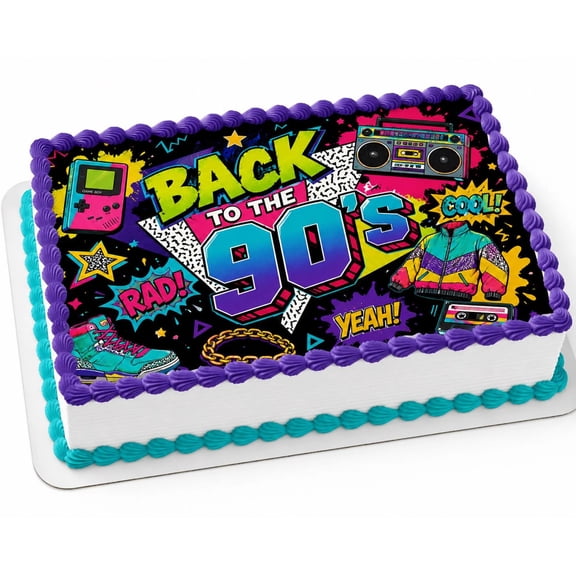 SugarMeLicious Back To The 90s Cake Topper, Retro Birthday Edible Cake Decoration, Neon Throwback Party Theme, 1/4 Sheet Frosting Sheet