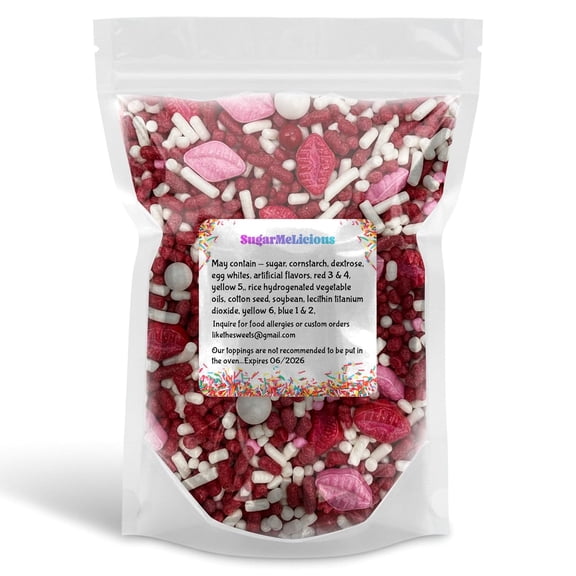 SugarMeLicious Blow Me a Kiss Sprinkles for Valentines Day Baking, Red Pink and White Lip Candy Mix for Cupcakes Cookies Cakes and Dessert Decorating, 4oz Resealable Bag