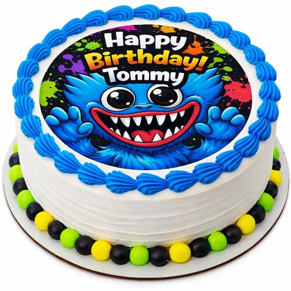 SugarMeLicious Blue Monster Birthday Cake Topper, Personalized Scary Cute Fuzzy Monster Edible Image Cake Decoration, 8 Inch Round Frosting Sheet