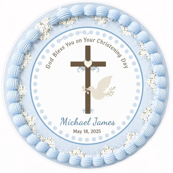 SugarMeLicious Boy Christening Edible Cake Topper, Personalized Baptism Cake Decoration, Blue Cross And Dove Religious Theme, 8 Inch Round Frosting Sheet