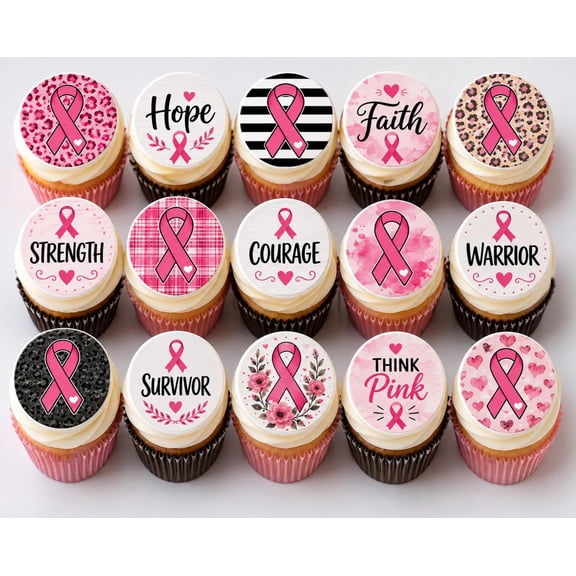 SugarMeLicious Breast Cancer Awareness Edible Cupcake Toppers, Pink Ribbon Dessert Decorations, Survivor Celebration Party Treats, 15 Pack 2 Inch Frosting Circles