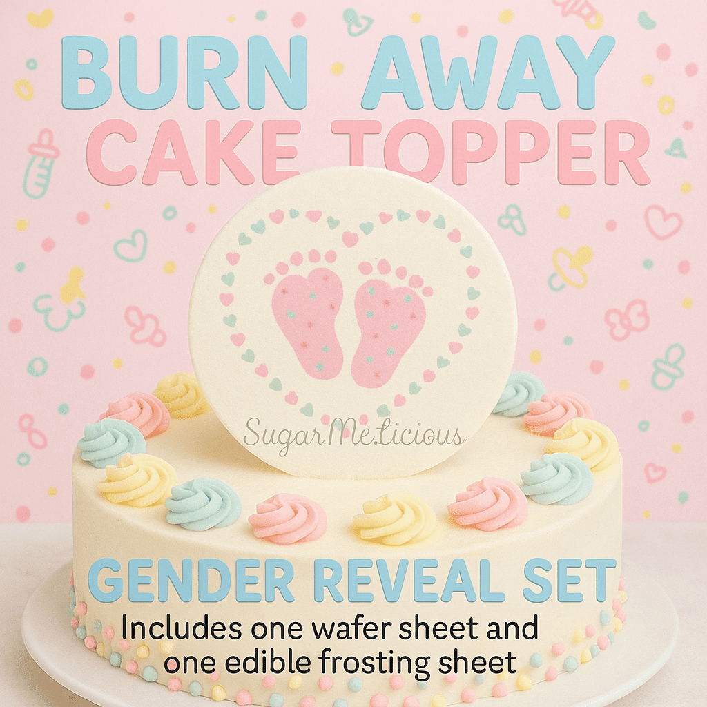 SugarMeLicious Burn Away Gender Reveal Image Topper: Personalized 8 Inch Edible Sheet Cake Banner with Two Custom Images for Dramatic Gender Reveal Party Decoration