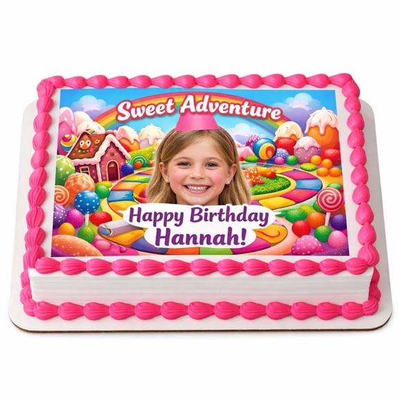 SugarMeLicious Candy Theme Edible Image Cake Topper, Sweet Adventure Birthday Cake Decoration, Personalized With Photo & Name, 1/4 Sheet Frosting Sheet