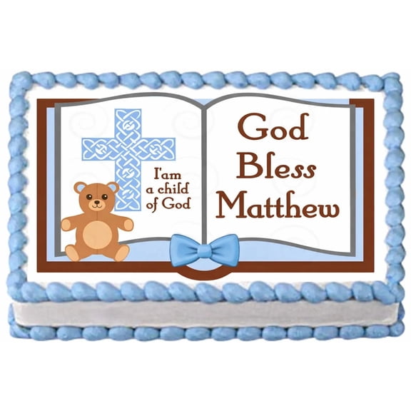 SugarMeLicious Child Of God Boy Cake Topper, Personalized Baptism Edible Image Cake Decoration, Blue Religious Celebration Theme, Custom 1/4 Sheet Frosting Sheet