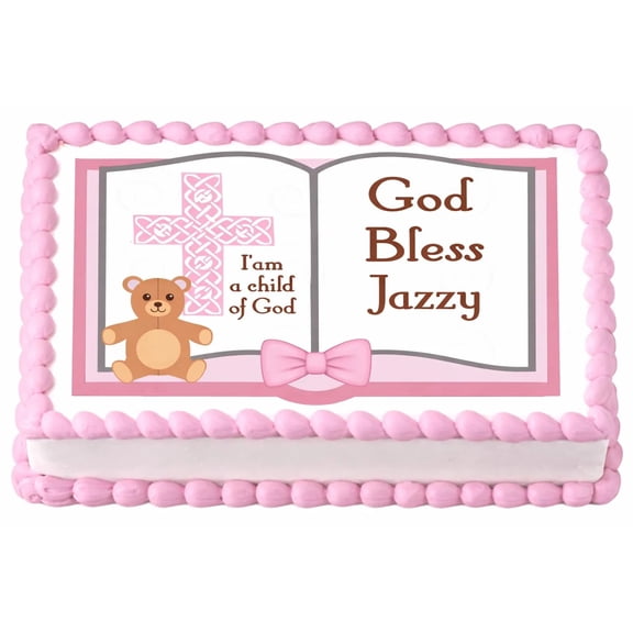 SugarMeLicious Child Of God Girl Cake Topper, Personalized Baptism Edible Image Cake Decoration, Pink Religious Celebration Theme, Custom 1/4 Sheet Frosting Sheet