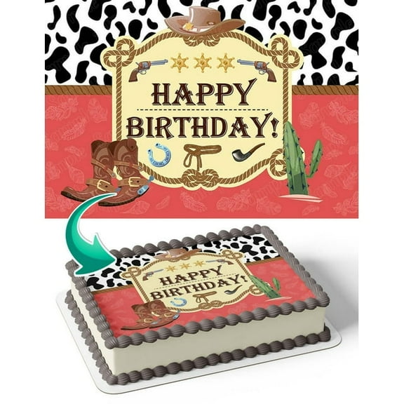 SugarMeLicious Cowboy Western Theme Edible Cake Topper for Birthday Parties Personalized 1/4 Sheet Cake Banner Western Party Decoration Edible Image