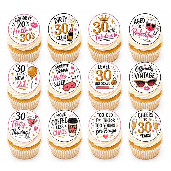 SugarMeLicious Dirty 30 Edible Cupcake Toppers, Funny 30th Birthday Dessert Decorations, Milestone Party Theme, 12 Pack 2.5 Inch Frosting Circles