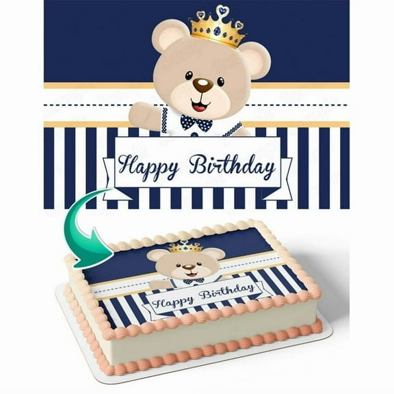 SugarMeLicious Edible Royal Teddy Bear Cake Topper 1/4 Sheet Image with Gold Crown for Boys Personalized Birthday Banner for Parties Edible Cake Decoration for 8.5 x 11 Inch Cake