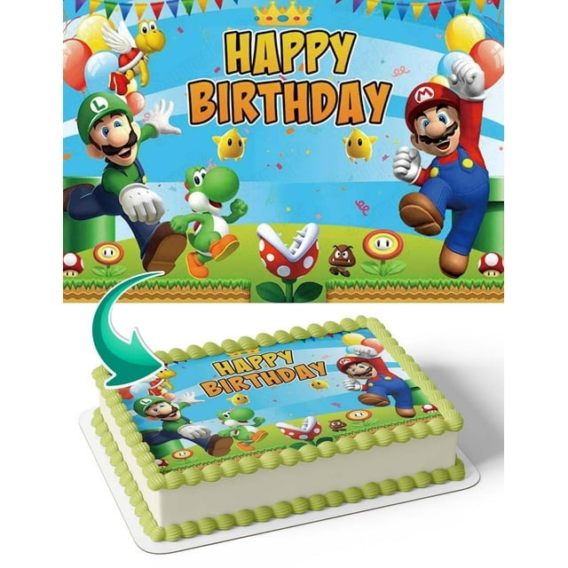 SugarMeLicious Edible Super Mario Bros Cake Topper 1/4 Sheet Image Featuring Mario and Luigi Personalized Birthday Banner for Parties Edible Cake Decoration for 8.5 x 11 Inch Cake