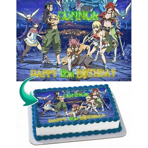 SugarMeLicious Fairy Tail Anime Cake Image Topper Featuring Natsu, Gray, Erza, Wendy, and Lucy, Personalized 1/4 Sheet Birthday Cake Banner for Parties, Edible Cake Decoration