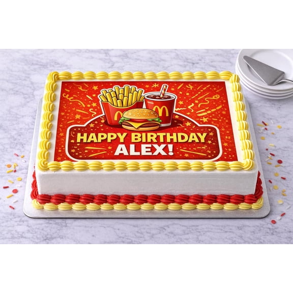 SugarMeLicious Fast Food Birthday Cake Topper, Personalized Edible Image Cake Decoration, Burger Fries And Drink Party Theme, Custom 1/4 Sheet Frosting Sheet