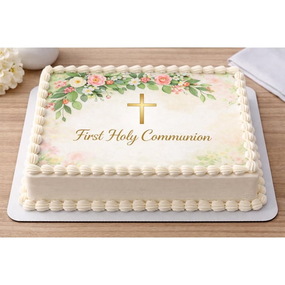 SugarMeLicious First Holy Communion Edible Cake Topper, Religious Celebration Cake Decoration, Floral Cross Design, 1/4 Sheet Frosting Sheet