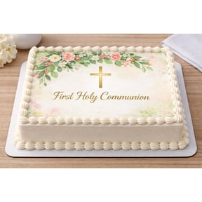 SugarMeLicious First Holy Communion Edible Cake Topper, Religious Celebration Cake Decoration, Floral Cross Design, 1/4 Sheet Frosting Sheet