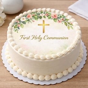 SugarMeLicious First Holy Communion Edible Cake Topper, Religious Celebration Cake Decoration, Floral Cross Design, 8 Inch Round Frosting Sheet